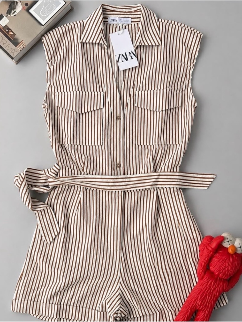 NWT ZARA Cream and Brown Striped Sleeveless Romper with Tie Waist XS